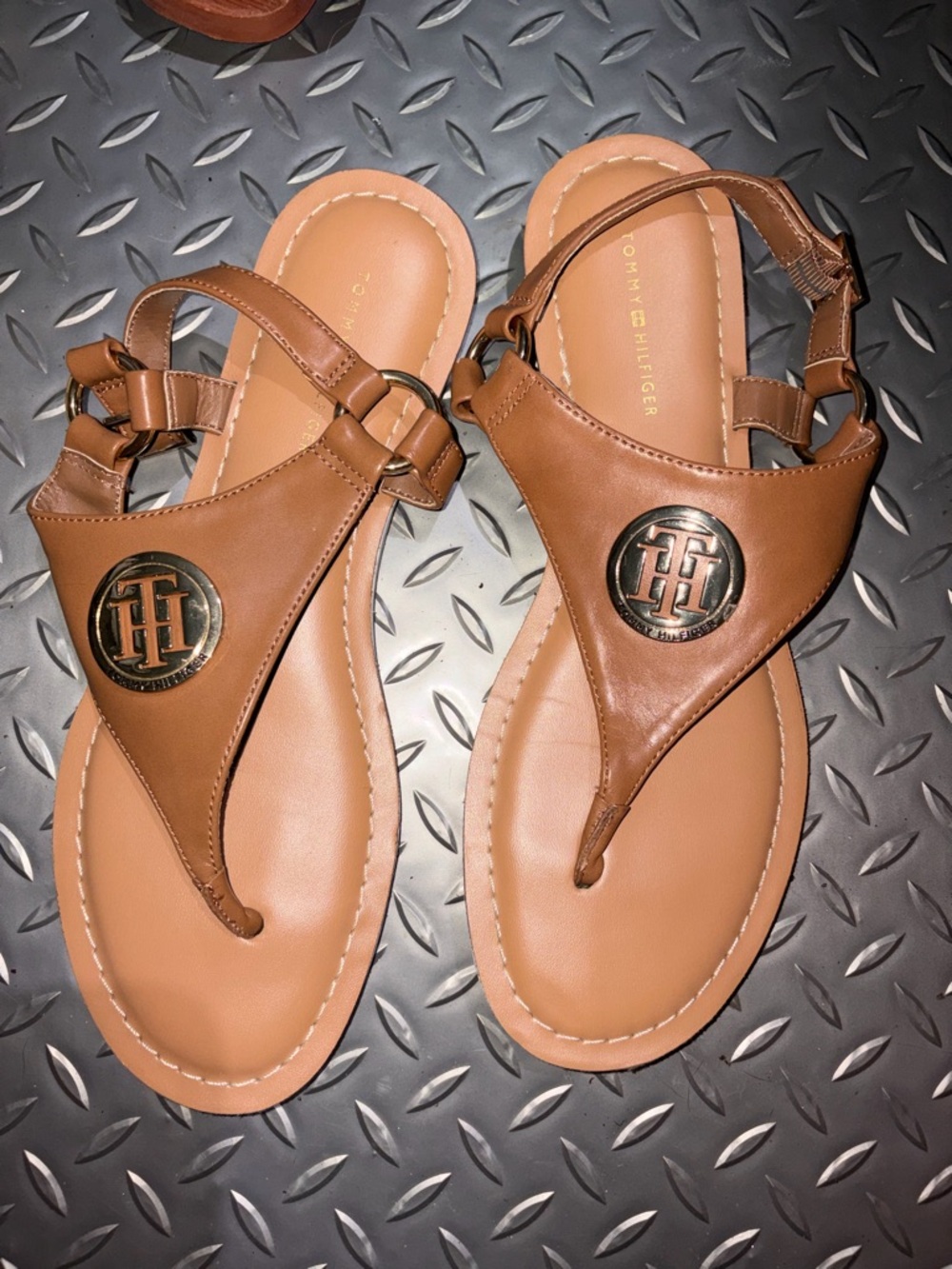 Tommy Hilfiger Brown Leather Logo Thong Sandals